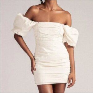 MESHKI Ellie Natural Ruched Puff Sleeve Linen White Mini Dress